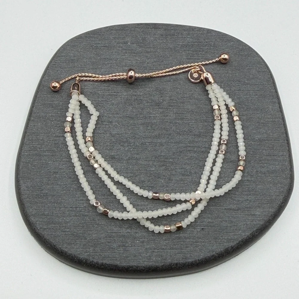 White Faceted Bead 3 Strand Bracelet Rose Gold Tone Adjustable Bolo Slider Gift